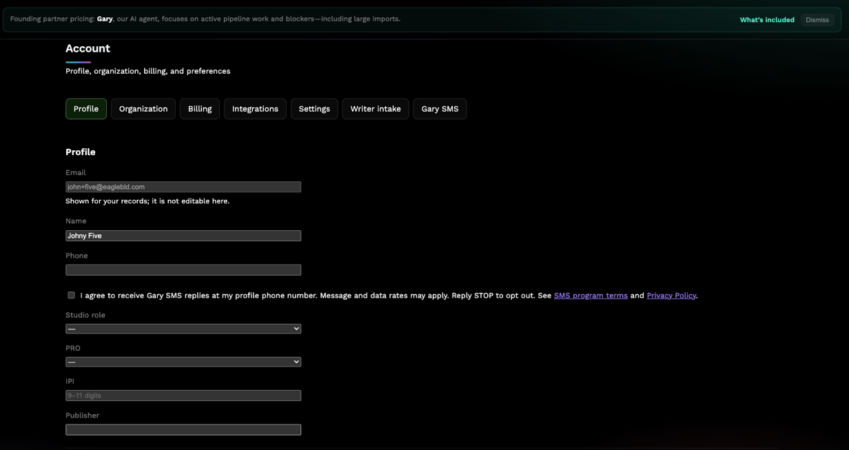 Equilibria Account Profile page showing Phone field, unchecked Gary SMS consent checkbox, and Save profile button