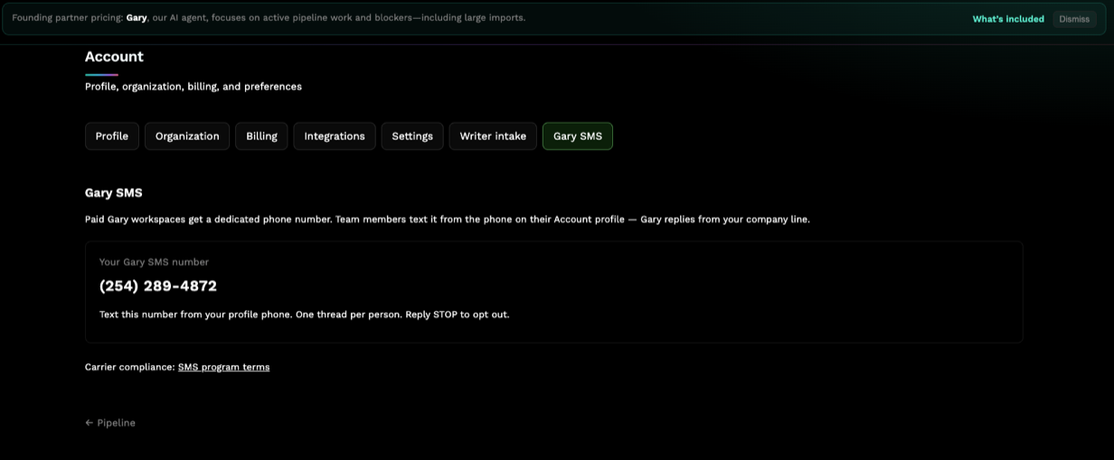 Equilibria Account Gary SMS tab showing the workspace dedicated phone number